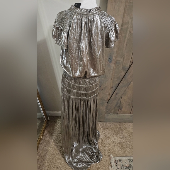 Anthropologie CURRENT AIR Silver Metallic Drop Waist Maxi Dress. Size L NWT - Picture 8 of 10